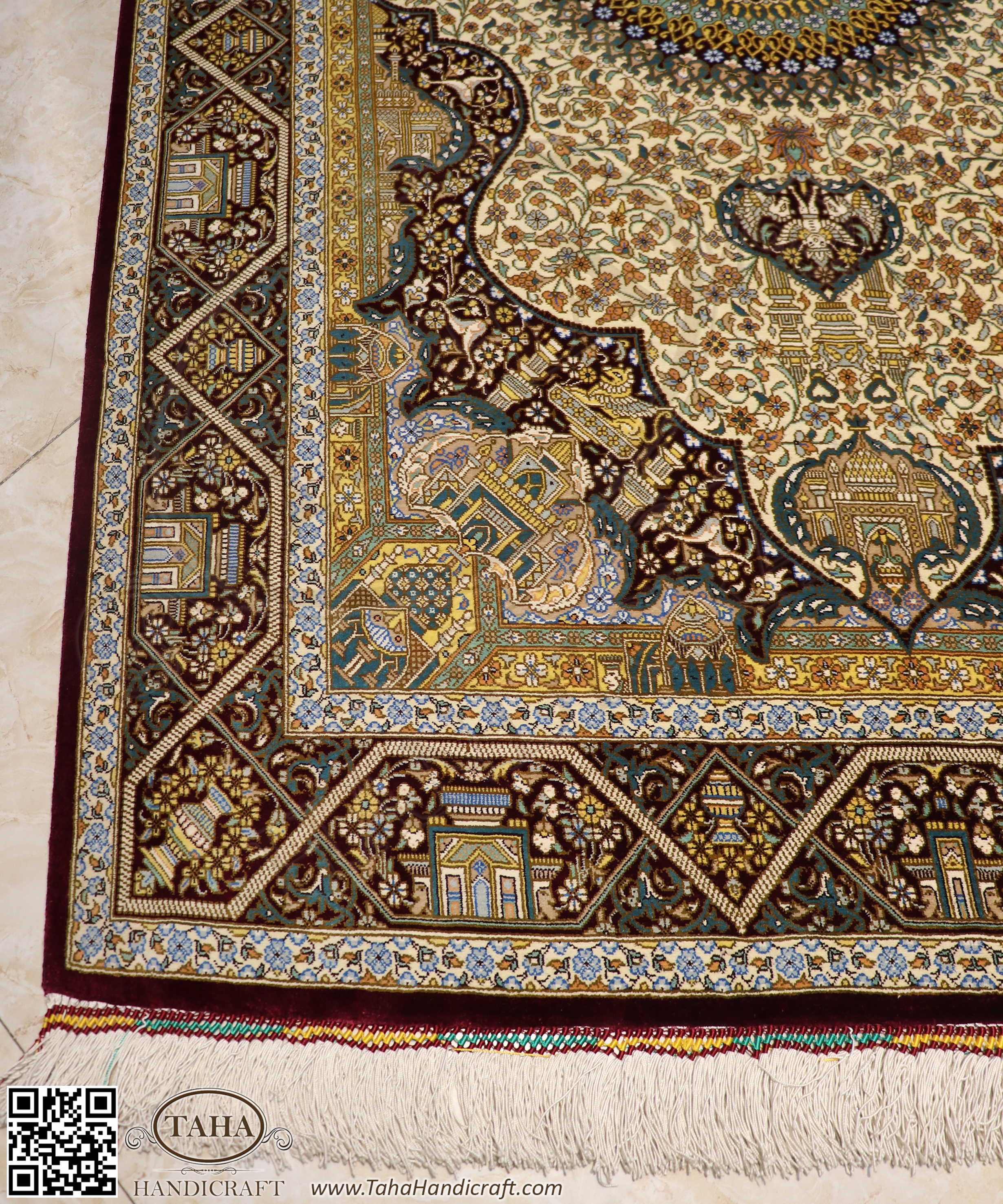 Iranian Rugs, Complete Silk Carpet Lachak Toranj, 154*100 cm, Cream
